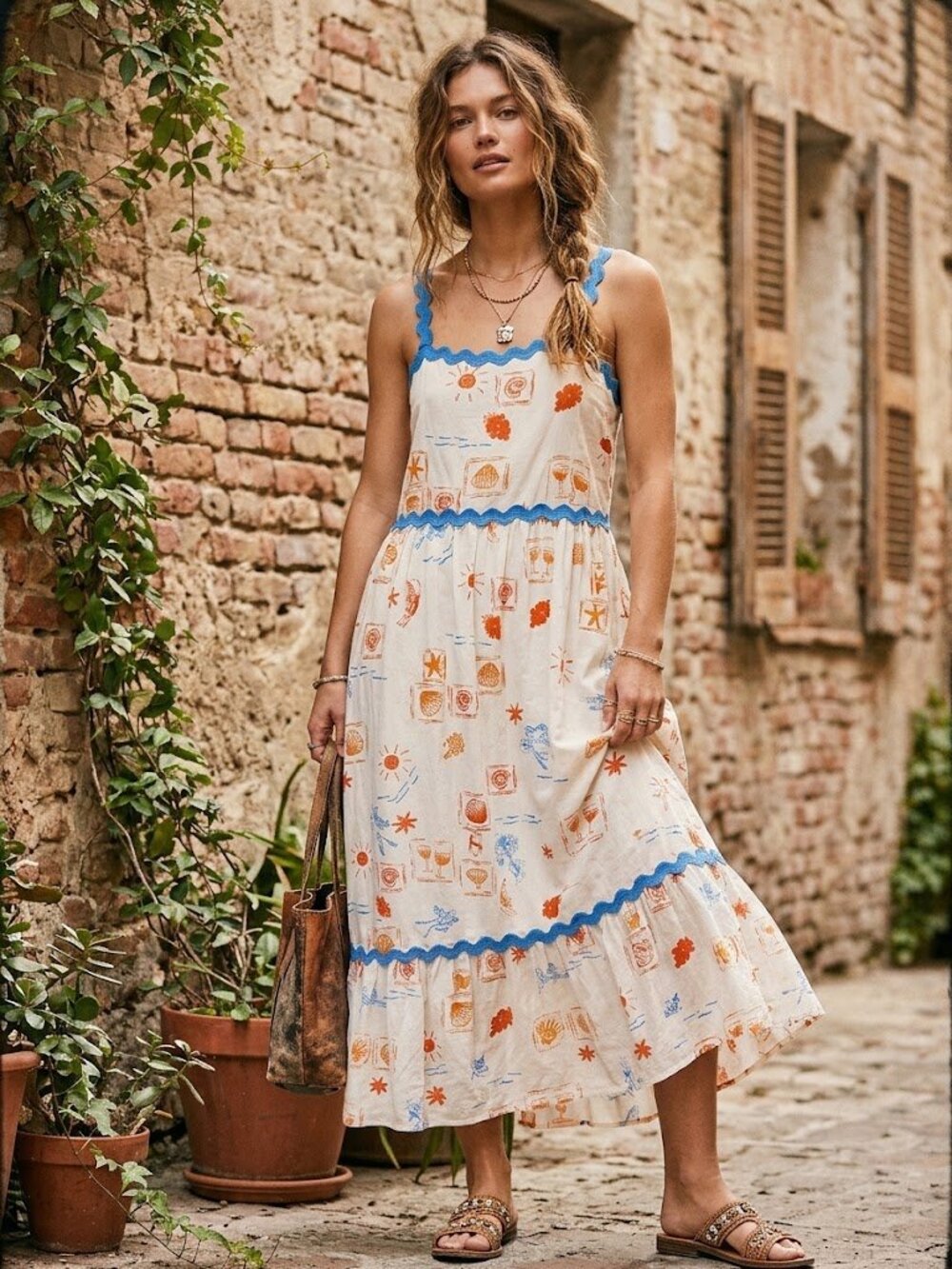 CeCe Tiered Linen Blend Midi Dress Ric Rac Trim Seashell Print Size M
